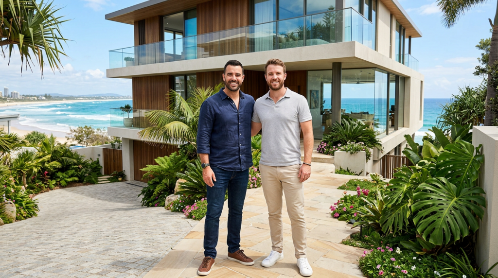 Nathan and Aaron from BNB Fastlane standing in front of a luxury Gold Coast Airbnb property they manage