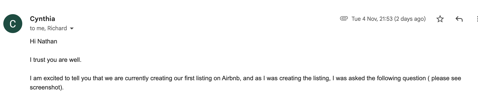 Cynthia first signing email Testimonial Cynthia first property